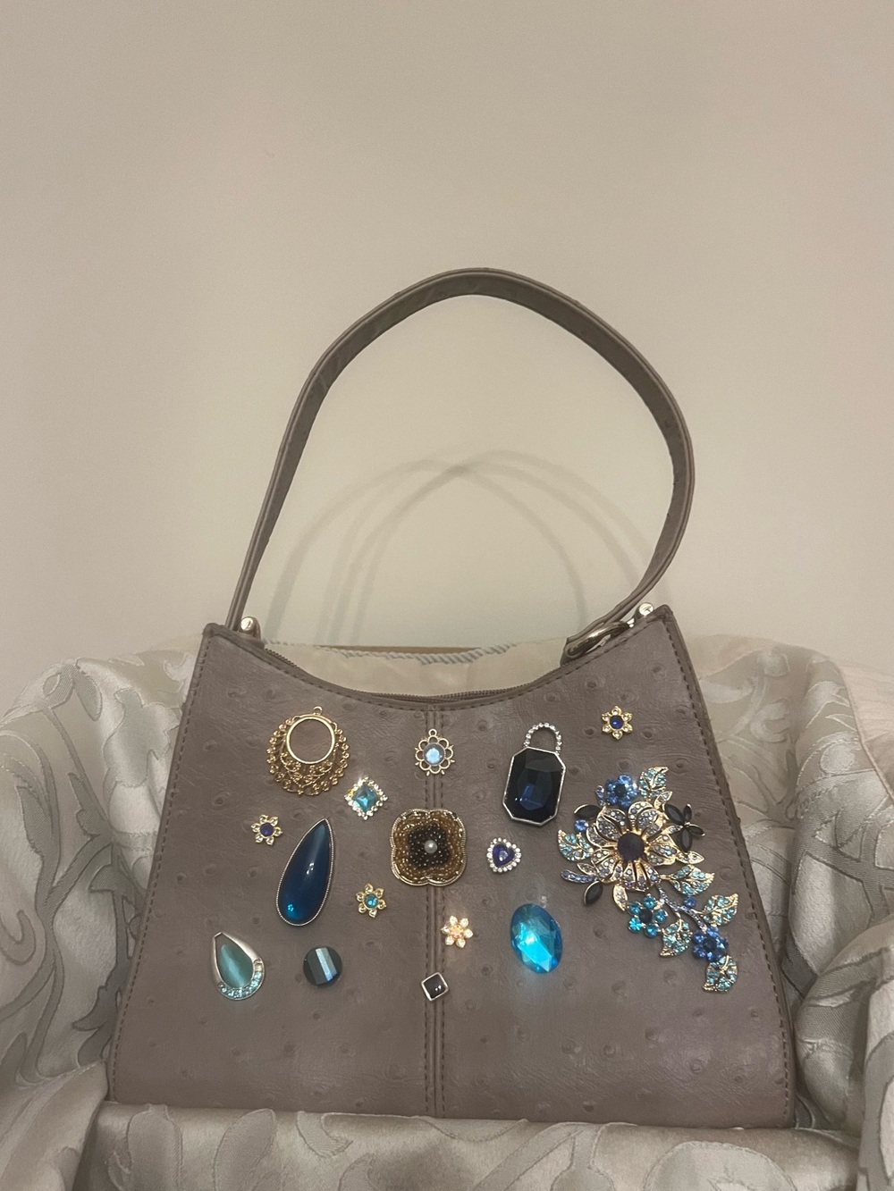Gray Embellished Women’s Shoulder Bag with Blue Gem Accents